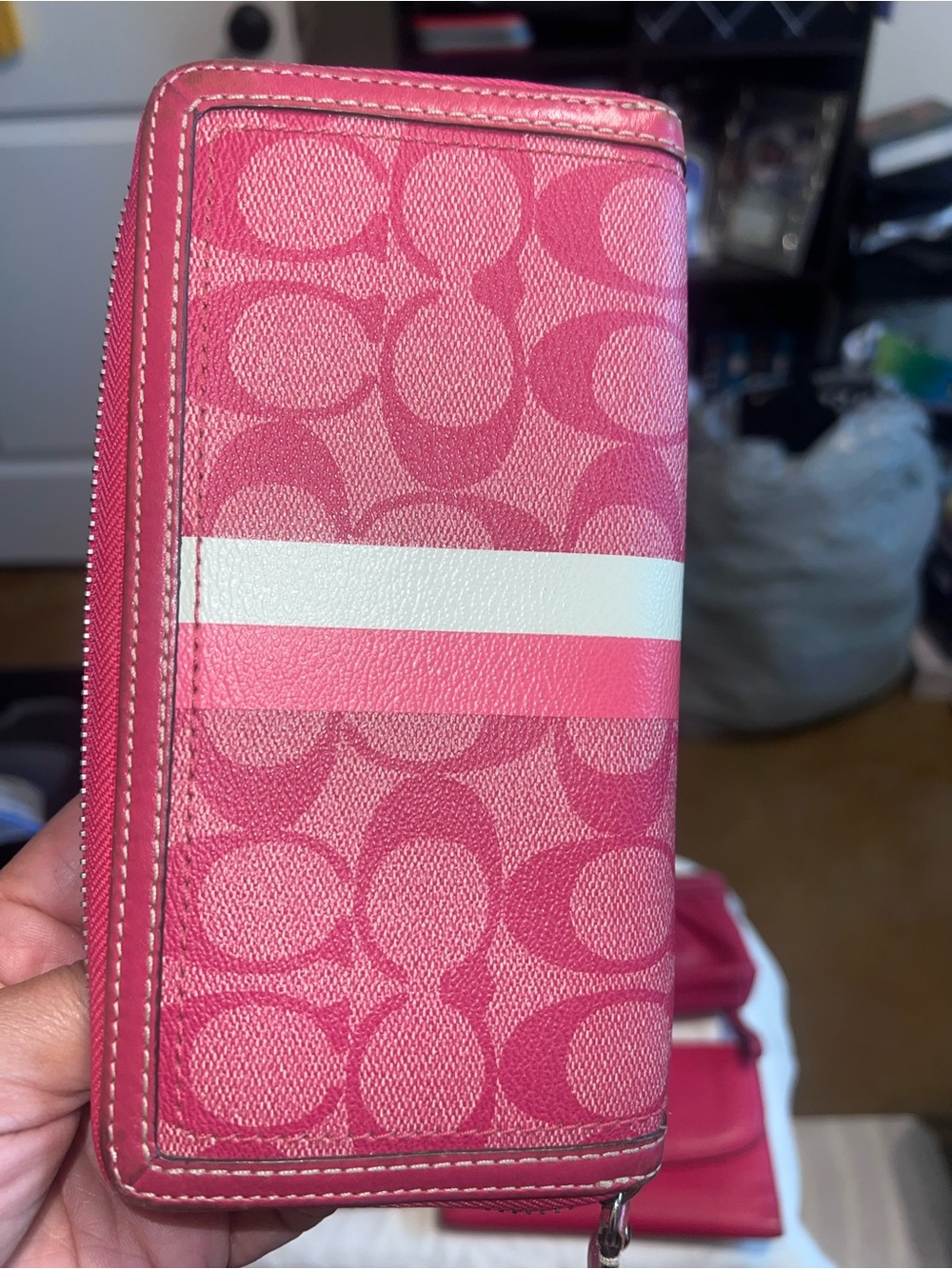 Coach Pink Signature Stripe Zip Wallet
